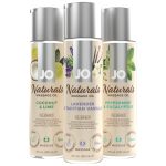 Aceite de masaje natural y vegano JO® Naturals en fragancias Lavanda & Vainilla, Coco & Lima y Menta & Eucalipto. Disponible en República Dominicana