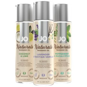 Aceite de masaje natural y vegano JO® Naturals en fragancias Lavanda & Vainilla, Coco & Lima y Menta & Eucalipto. Disponible en República Dominicana