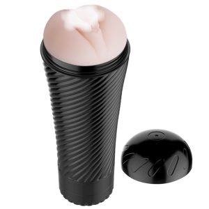 Masturbador masculino Pink Pussy de Cyber Skin con vibrador de 5 velocidades y textura interna realista. Color rosado, 23 cm de largo