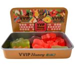 Suplemento masculino VVIP Honey Gummies en lata metálica premium. Gomitas potenciadoras con miel para energía y vitalidad masculina