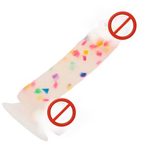 Dildo de silicona 7.5” Party Marty con ventosa, diseño confetti, waterproof y anal safe. Realista, flexible y compatible con arnés. Disponible en RD.